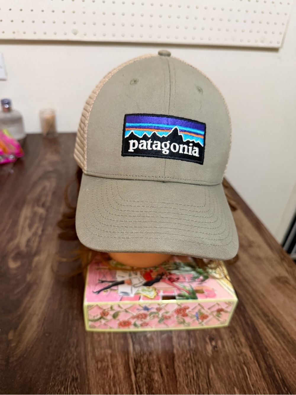 Patagonia Olive and Beige Trucker Hat with Multicolor Patch
